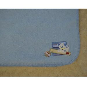 Baby Connection Puppy Dog Baby Blanket Blue White Baseball Bat Ball Fleece Lovey